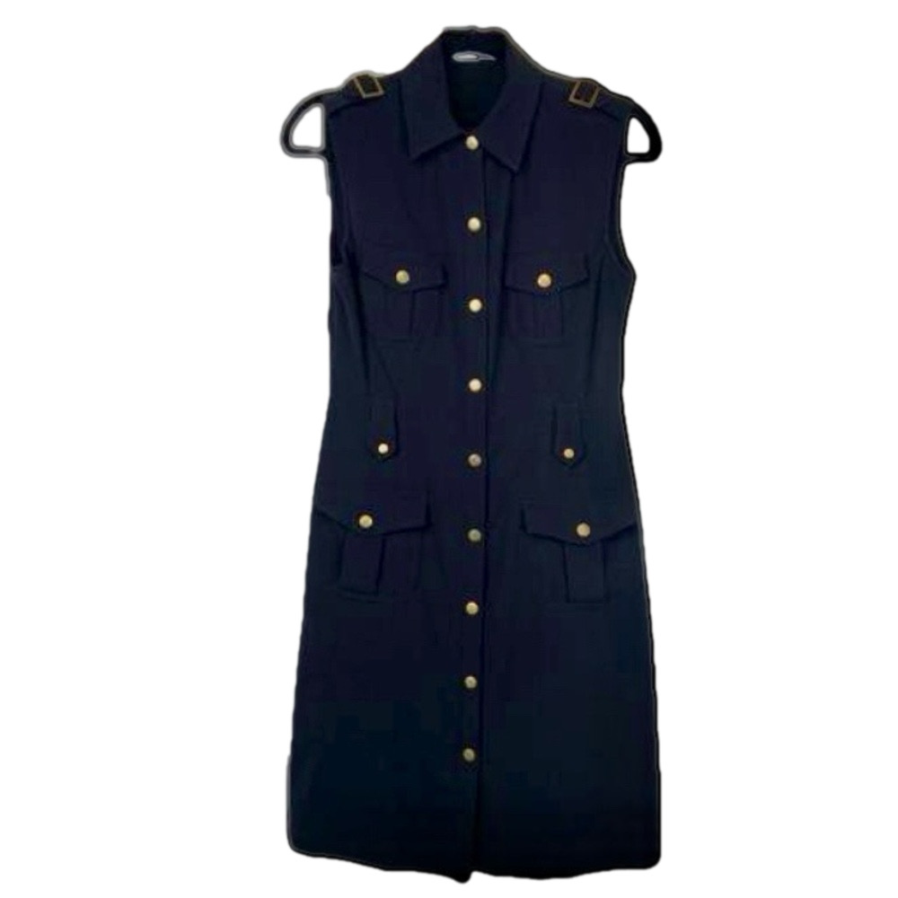 Calvin Klein Black Sleeveless Collared Shirt Dress Brass Snap Buttons Sz 4 Work